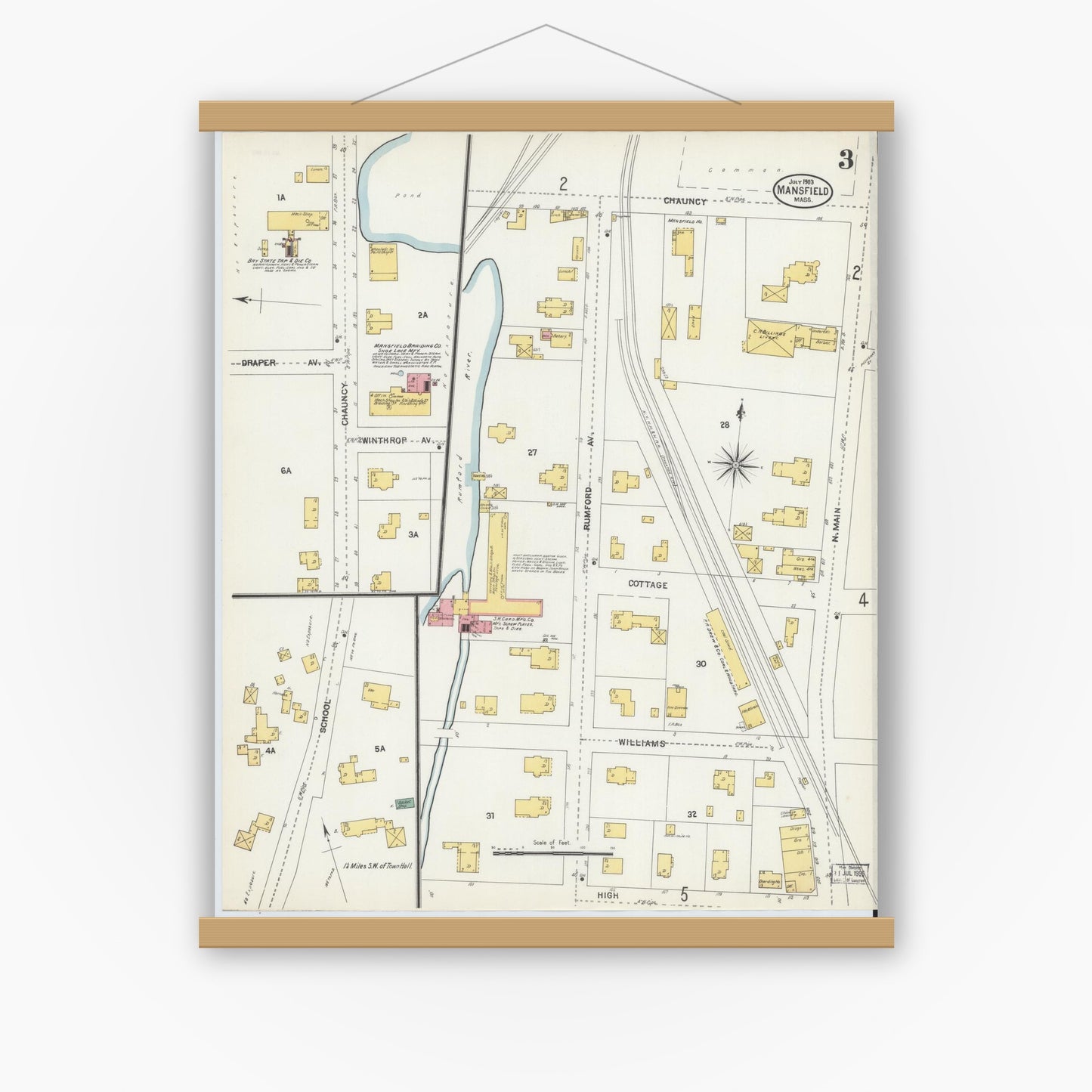 Old map wall art mockup — magnetic wood frame on white wall — Sanborn Fire Insurance Map from Mansfield, Bristol County, Massachusetts (1903), Sheet #0003