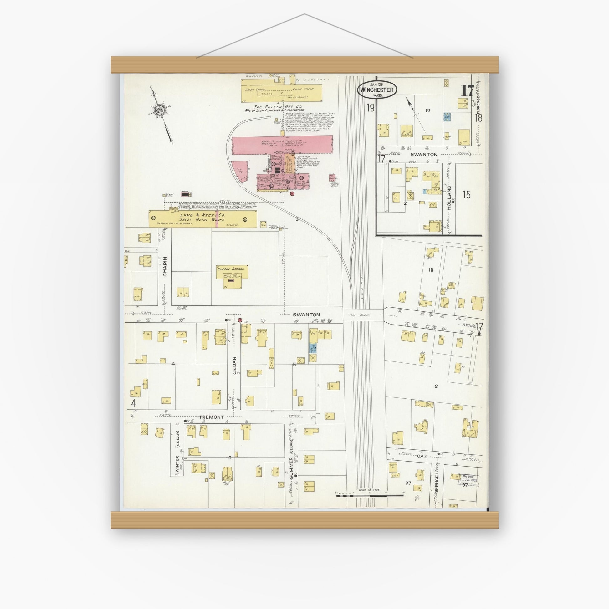 Old map wall art mockup — magnetic wood frame on white wall — Sanborn Fire Insurance Map from Winchester, Middlesex County, Massachusetts (1916), Sheet #0017