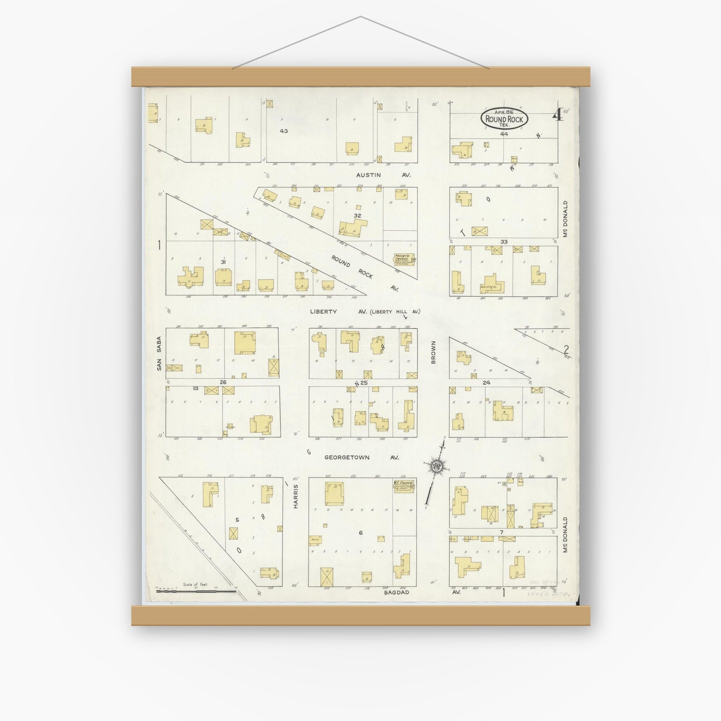 Old map wall art mockup — magnetic wood frame on white wall — Sanborn Fire Insurance Map from Round Rock, Williamson County, Texas (1916), Sheet #0004