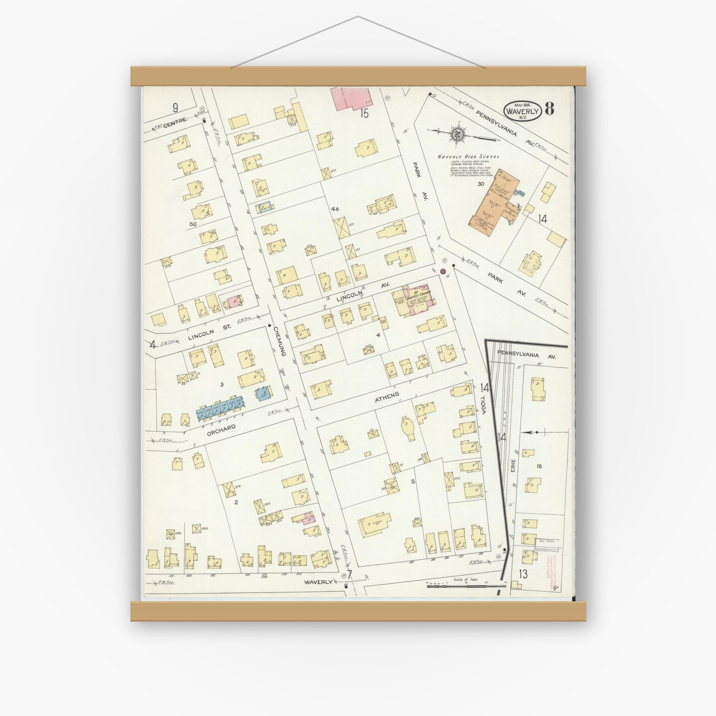 Old map wall art mockup — magnetic wood frame on white wall — Sanborn Fire Insurance Map from Waverly, Tioga County, New York (1914), Sheet #0008
