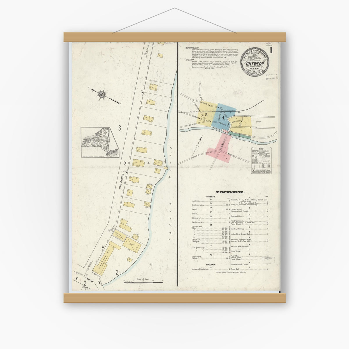Old map wall art mockup — magnetic wood frame on white wall — Sanborn Fire Insurance Map from Antwerp, Jefferson County, New York (1912), Sheet #0001