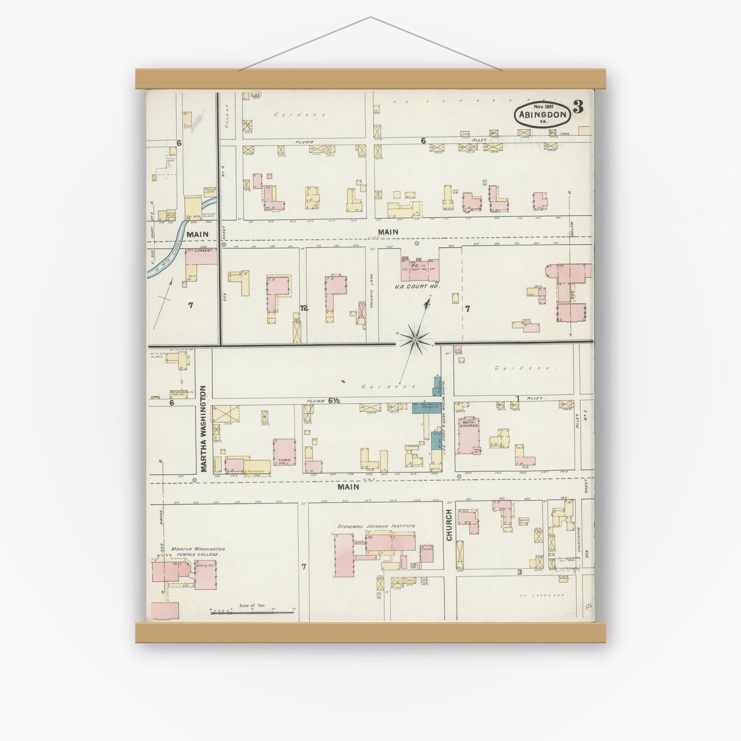 Old map wall art mockup — magnetic wood frame on white wall — Sanborn Fire Insurance Map from Abingdon, Washington County, Virginia (1891), Sheet #0003