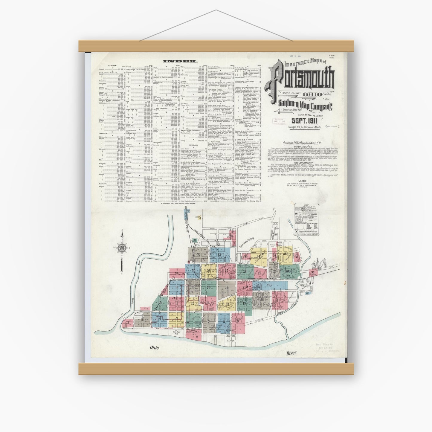 Old map wall art mockup — magnetic wood frame on white wall — Sanborn Fire Insurance Map from Portsmouth, Scioto County, Ohio (1911), Sheet #0001