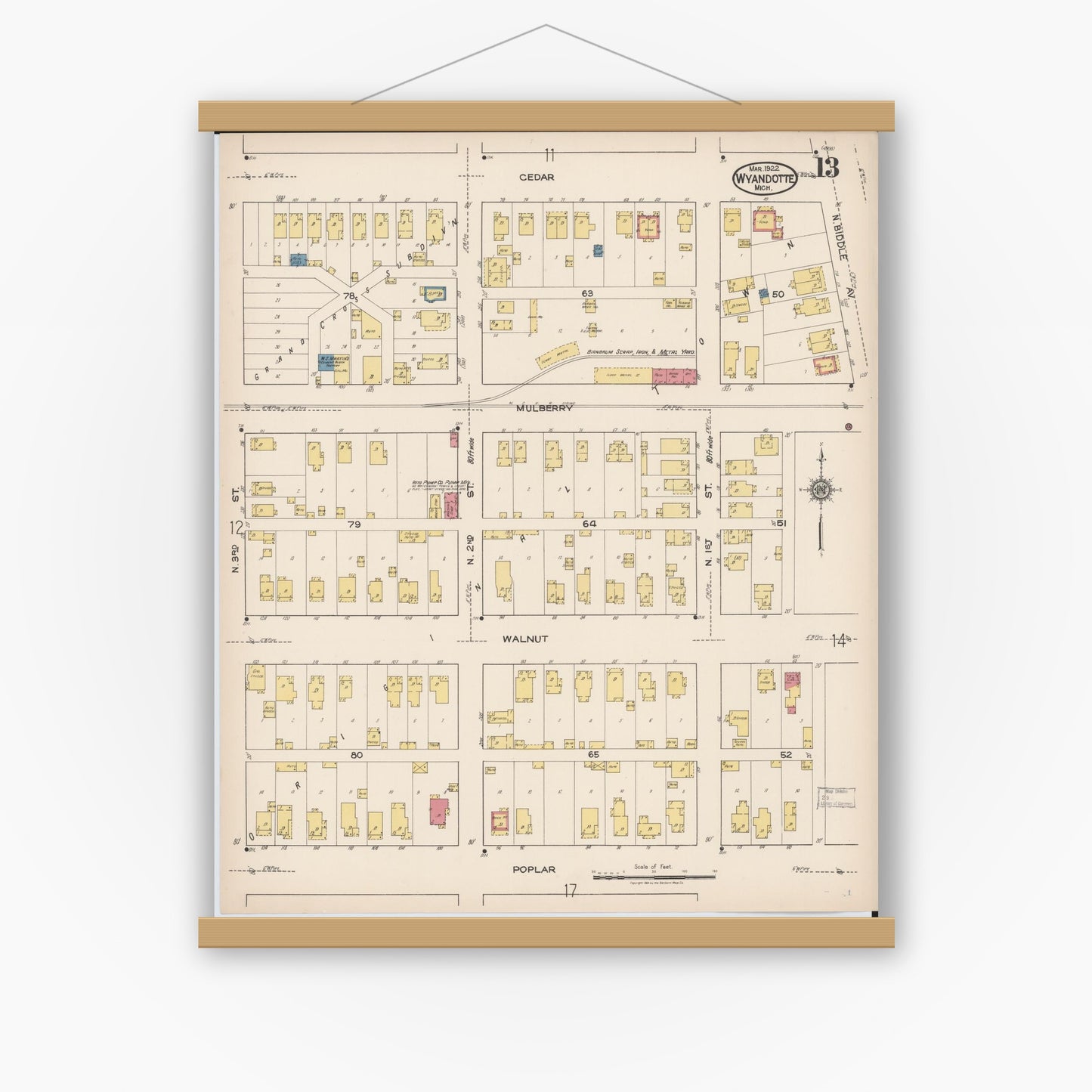 Old map wall art mockup — magnetic wood frame on white wall — Sanborn Fire Insurance Map from Wyandotte, Wayne County, Michigan (1922), Sheet #0013