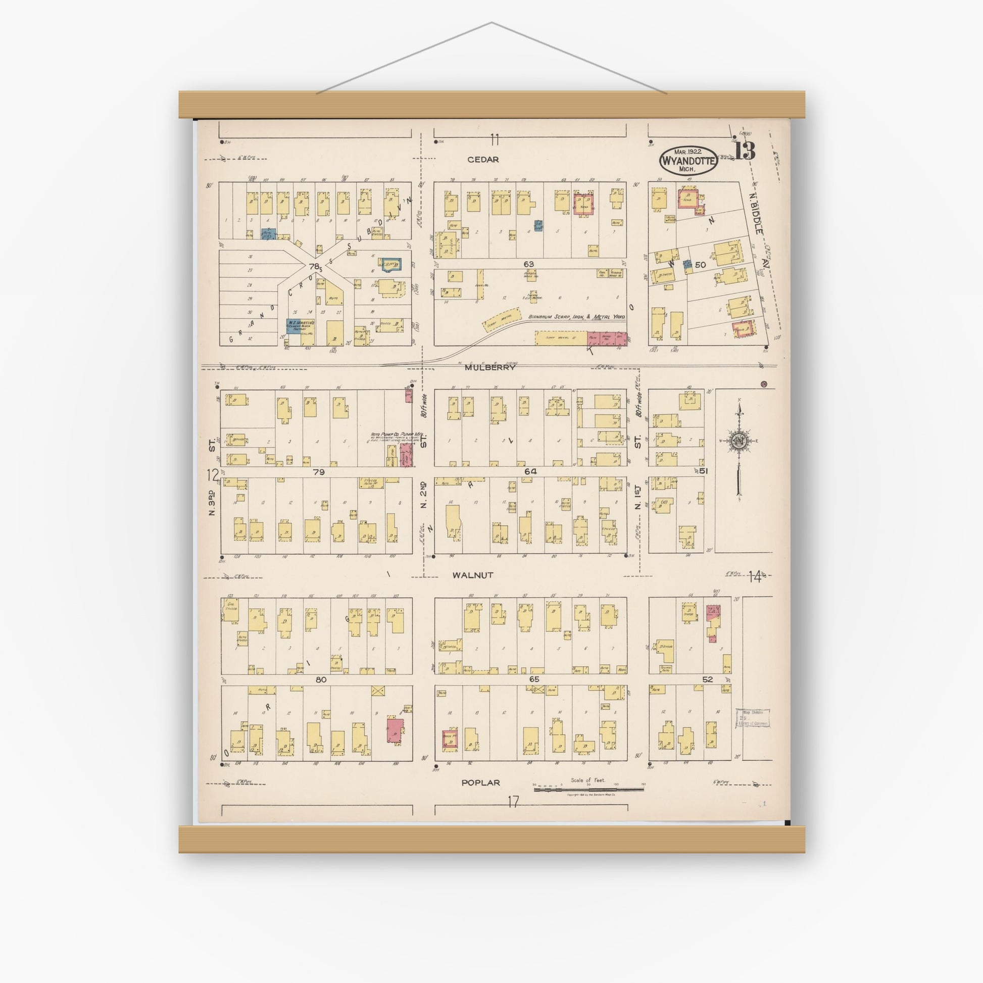 Old map wall art mockup — magnetic wood frame on white wall — Sanborn Fire Insurance Map from Wyandotte, Wayne County, Michigan (1922), Sheet #0013