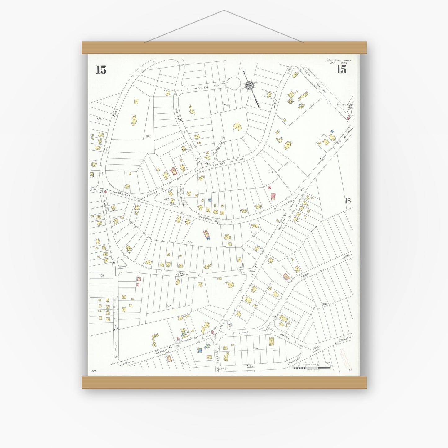 Old map wall art mockup — magnetic wood frame on white wall — Sanborn Fire Insurance Map from Lexington, Middlesex County, Massachusetts (1935), Sheet #0015