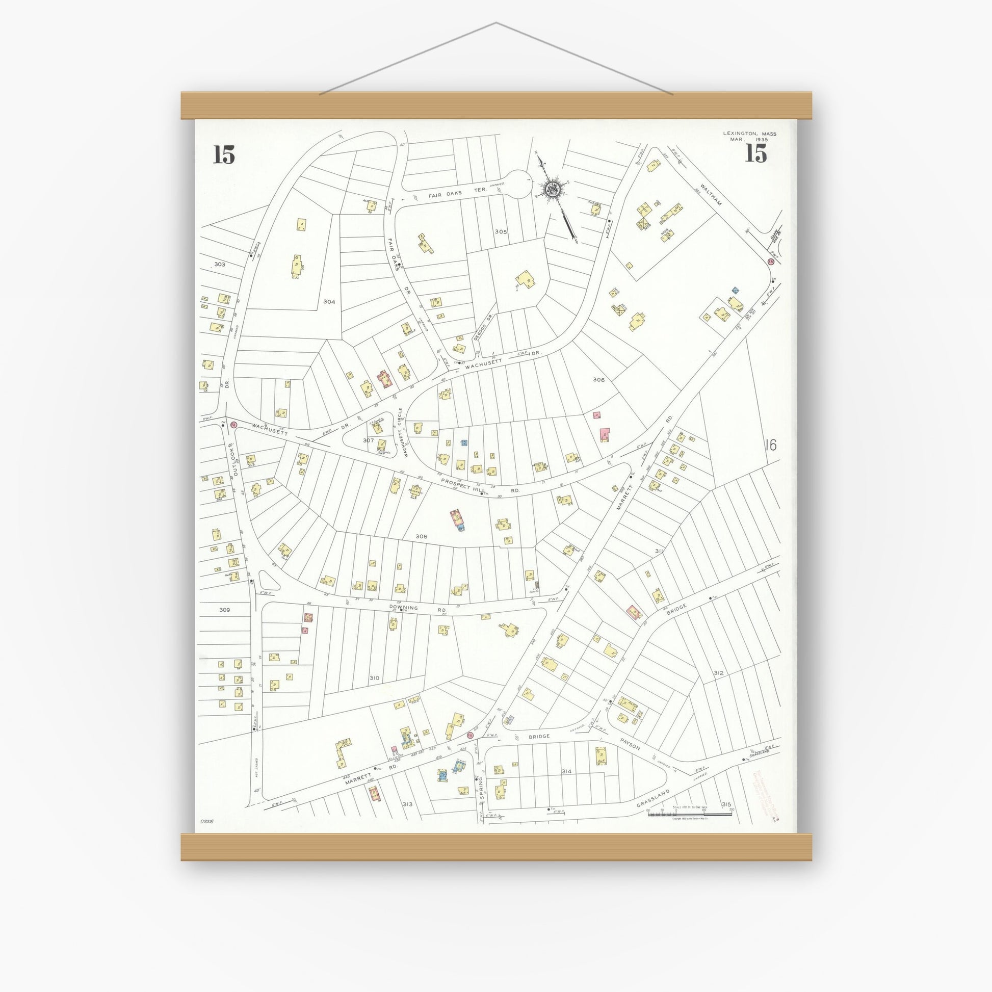 Old map wall art mockup — magnetic wood frame on white wall — Sanborn Fire Insurance Map from Lexington, Middlesex County, Massachusetts (1935), Sheet #0015