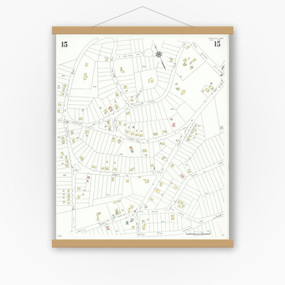 Old map wall art mockup — magnetic wood frame on white wall — Sanborn Fire Insurance Map from Lexington, Middlesex County, Massachusetts (1935), Sheet #0015