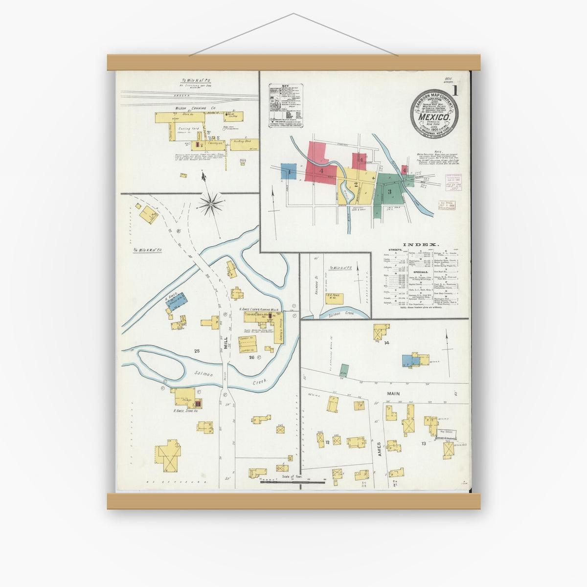 Old map wall art mockup — magnetic wood frame on white wall — Sanborn Fire Insurance Map from Mexico, Oswego County, New York (1906) - Complete Map Set