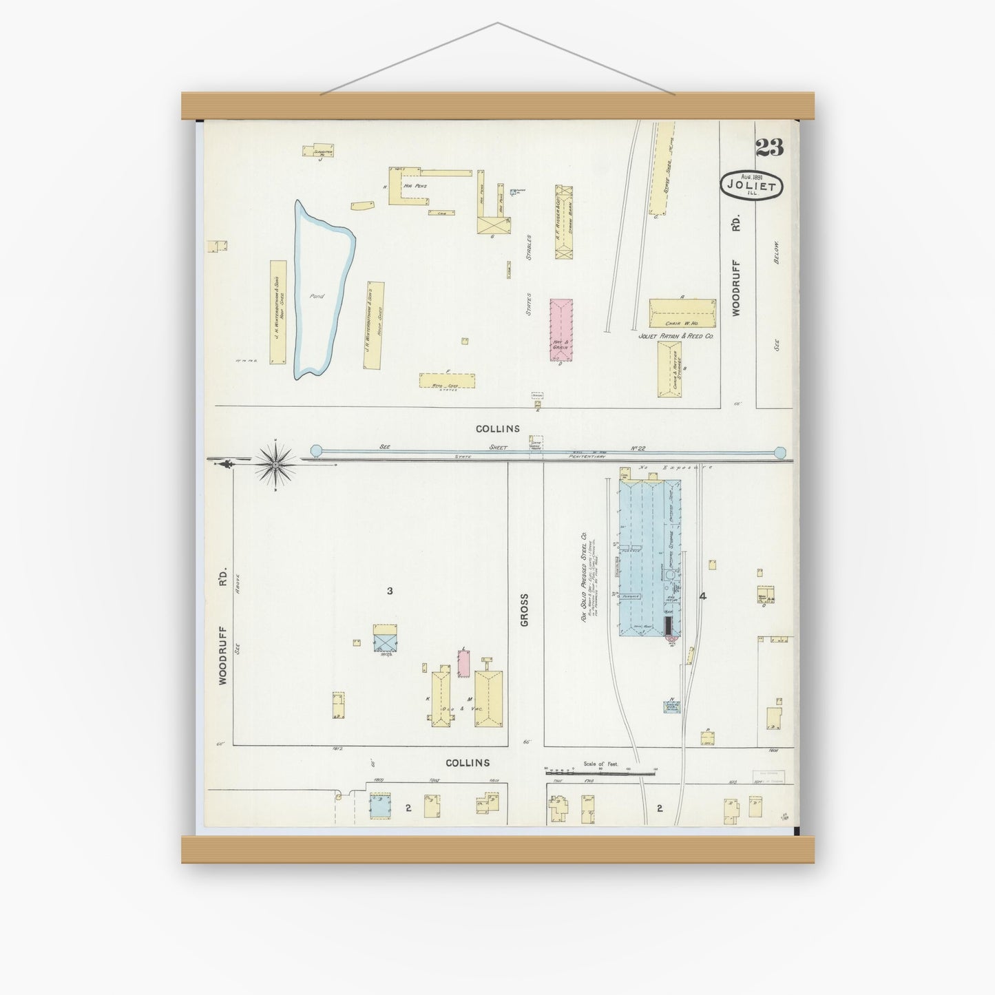 Old map wall art mockup — magnetic wood frame on white wall — Sanborn Fire Insurance Map from Joliet, Will County, Illinois (1891), Sheet #0023