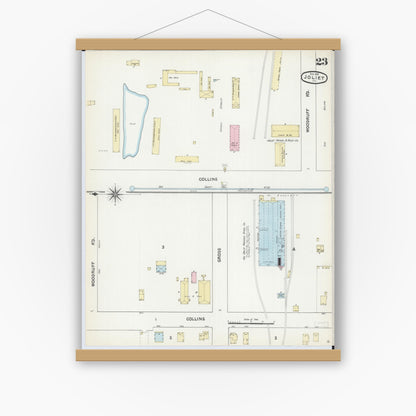 Old map wall art mockup — magnetic wood frame on white wall — Sanborn Fire Insurance Map from Joliet, Will County, Illinois (1891), Sheet #0023