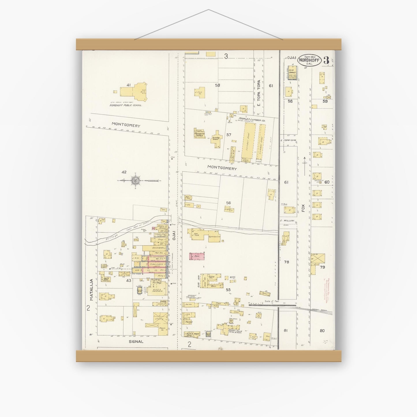 Old map wall art mockup — magnetic wood frame on white wall — Sanborn Fire Insurance Map from Nordhoff, Ventura County, California (1912), Sheet #0003