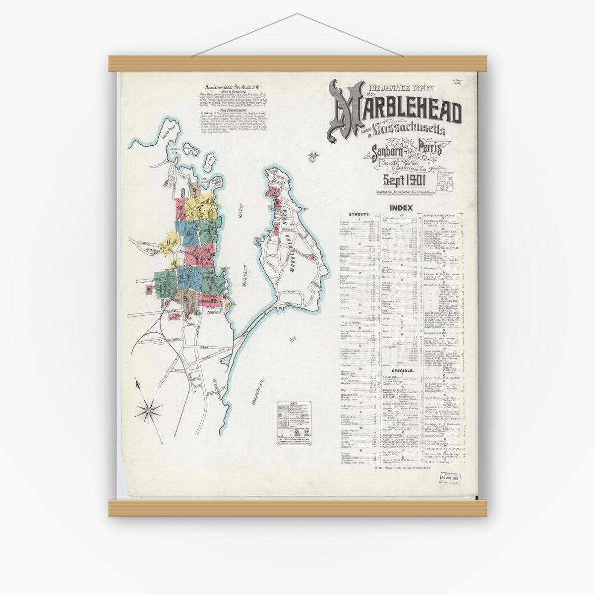 Old map wall art mockup — magnetic wood frame on white wall — Sanborn Fire Insurance Map from Marblehead, Essex County, Massachusetts (1901), Sheet #0001