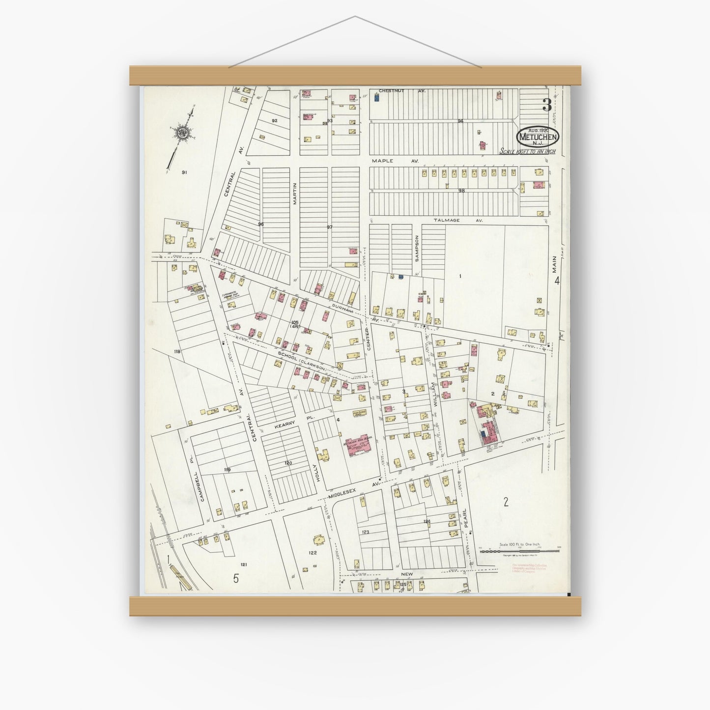 Old map wall art mockup — magnetic wood frame on white wall — Sanborn Fire Insurance Map from Metuchen, Middlesex County, New Jersey (1920), Sheet #0003