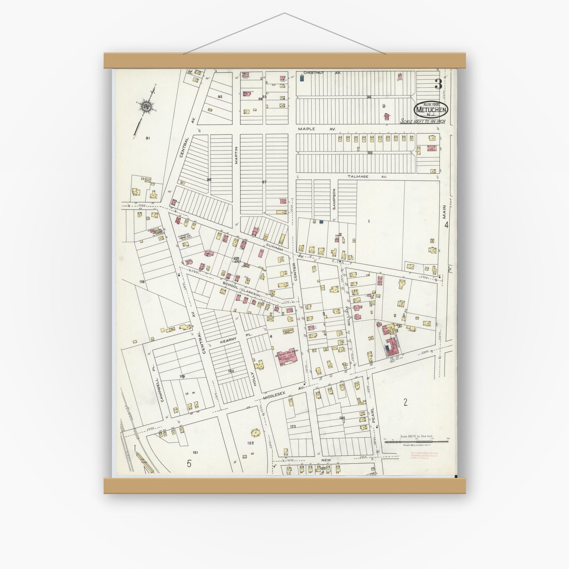 Old map wall art mockup — magnetic wood frame on white wall — Sanborn Fire Insurance Map from Metuchen, Middlesex County, New Jersey (1920), Sheet #0003