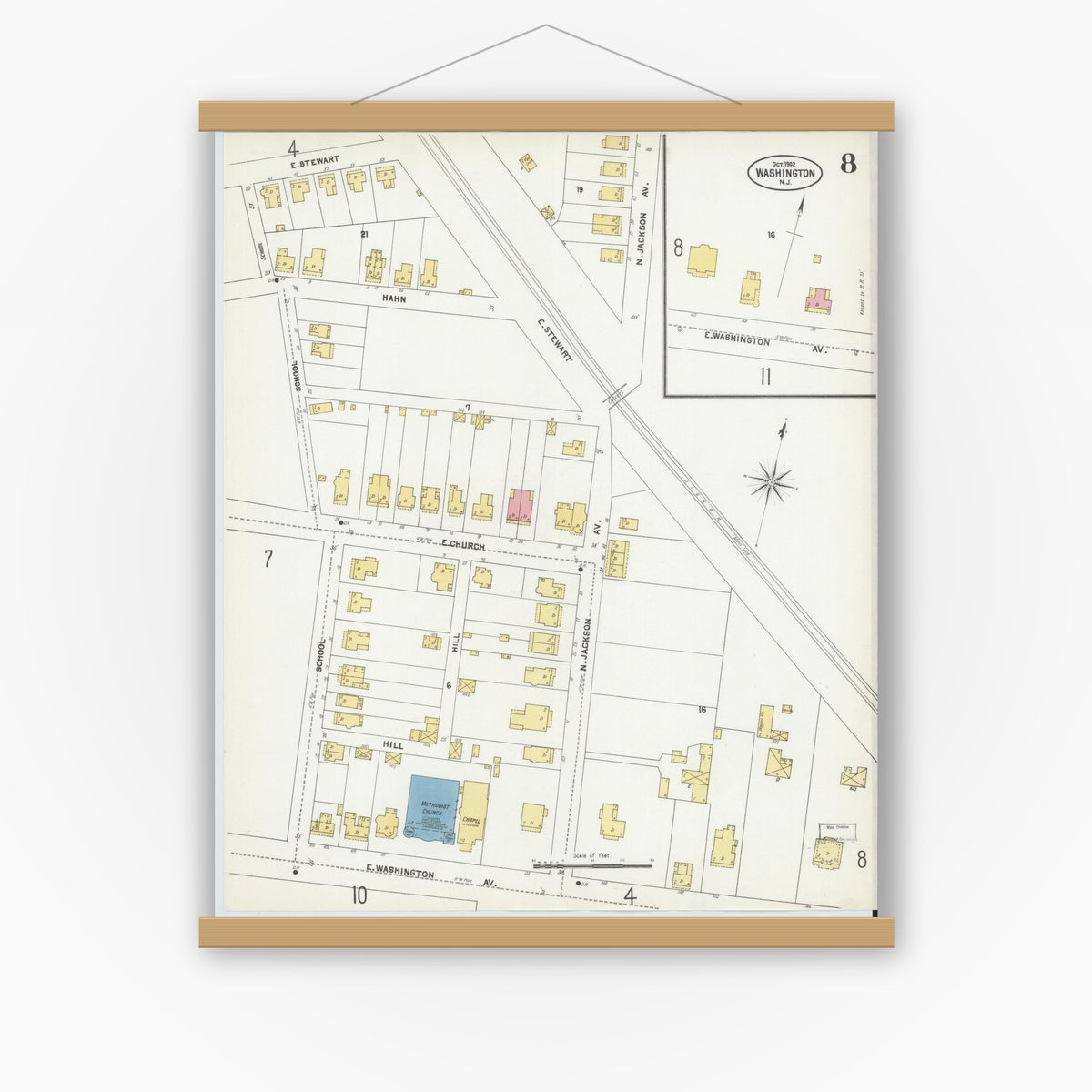 Old map wall art mockup — magnetic wood frame on white wall — Sanborn Fire Insurance Map from Washington, Warren County, New Jersey (1902), Sheet #0008