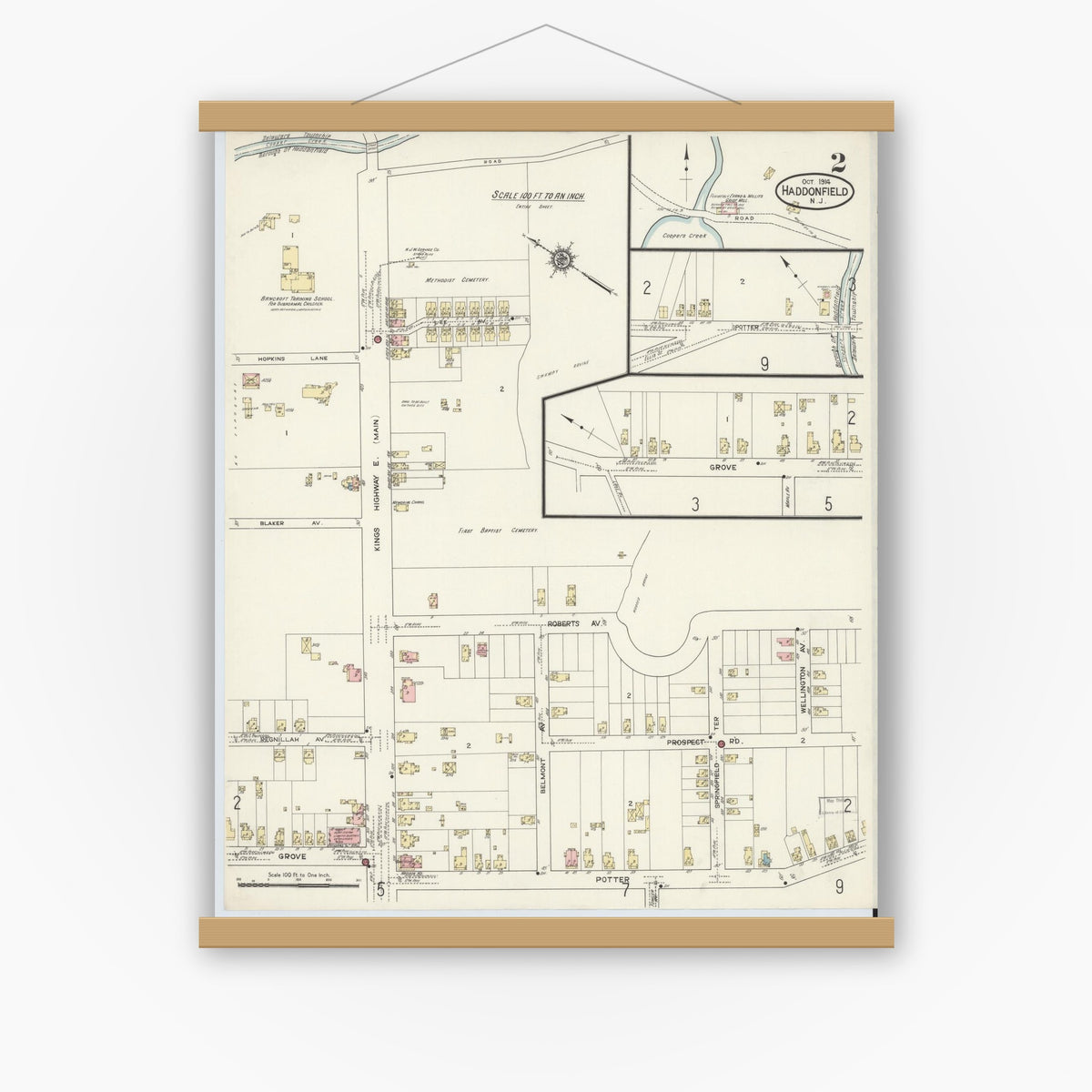 Old map wall art mockup — magnetic wood frame on white wall — Sanborn Fire Insurance Map from Haddonfield, Camden County, New Jersey (1914), Sheet #0002