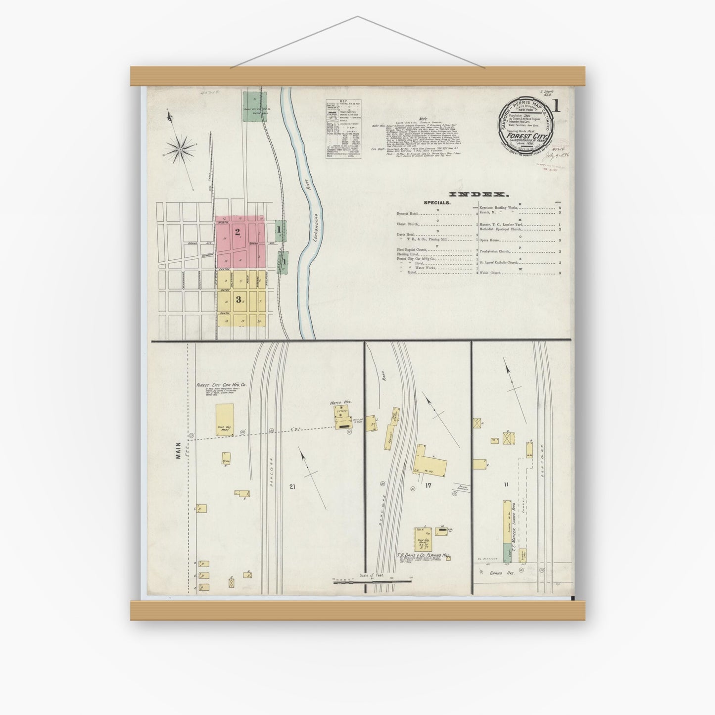 Old map wall art mockup — magnetic wood frame on white wall — Sanborn Fire Insurance Map from Forest City, Susquehanna County, Pennsylvania (1896), Sheet #0001