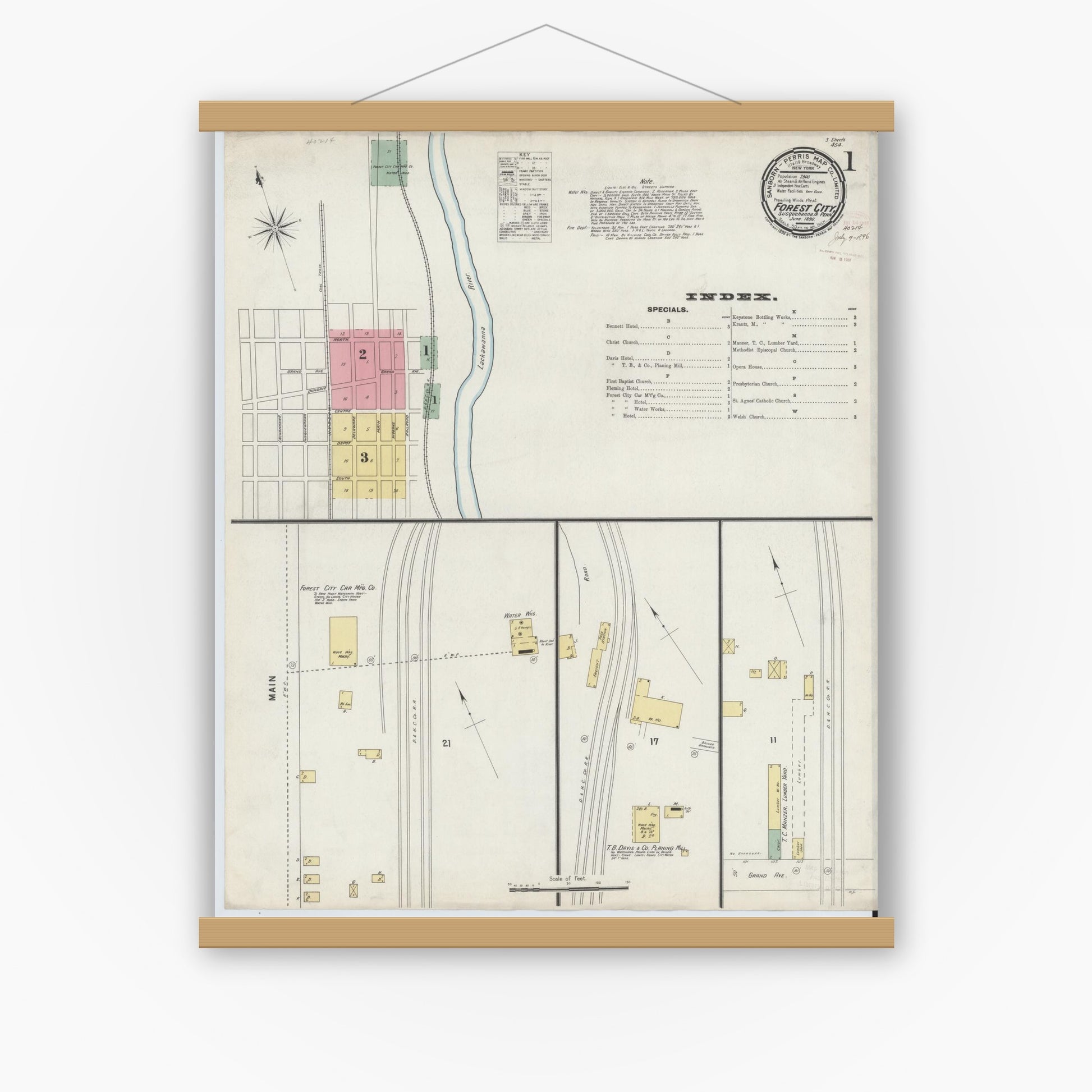 Old map wall art mockup — magnetic wood frame on white wall — Sanborn Fire Insurance Map from Forest City, Susquehanna County, Pennsylvania (1896), Sheet #0001
