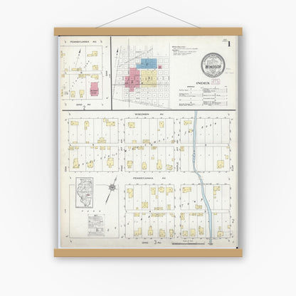 Old map wall art mockup — magnetic wood frame on white wall — Sanborn Fire Insurance Map from Windsor, Shelby County, Illinois (1913), Sheet #0001