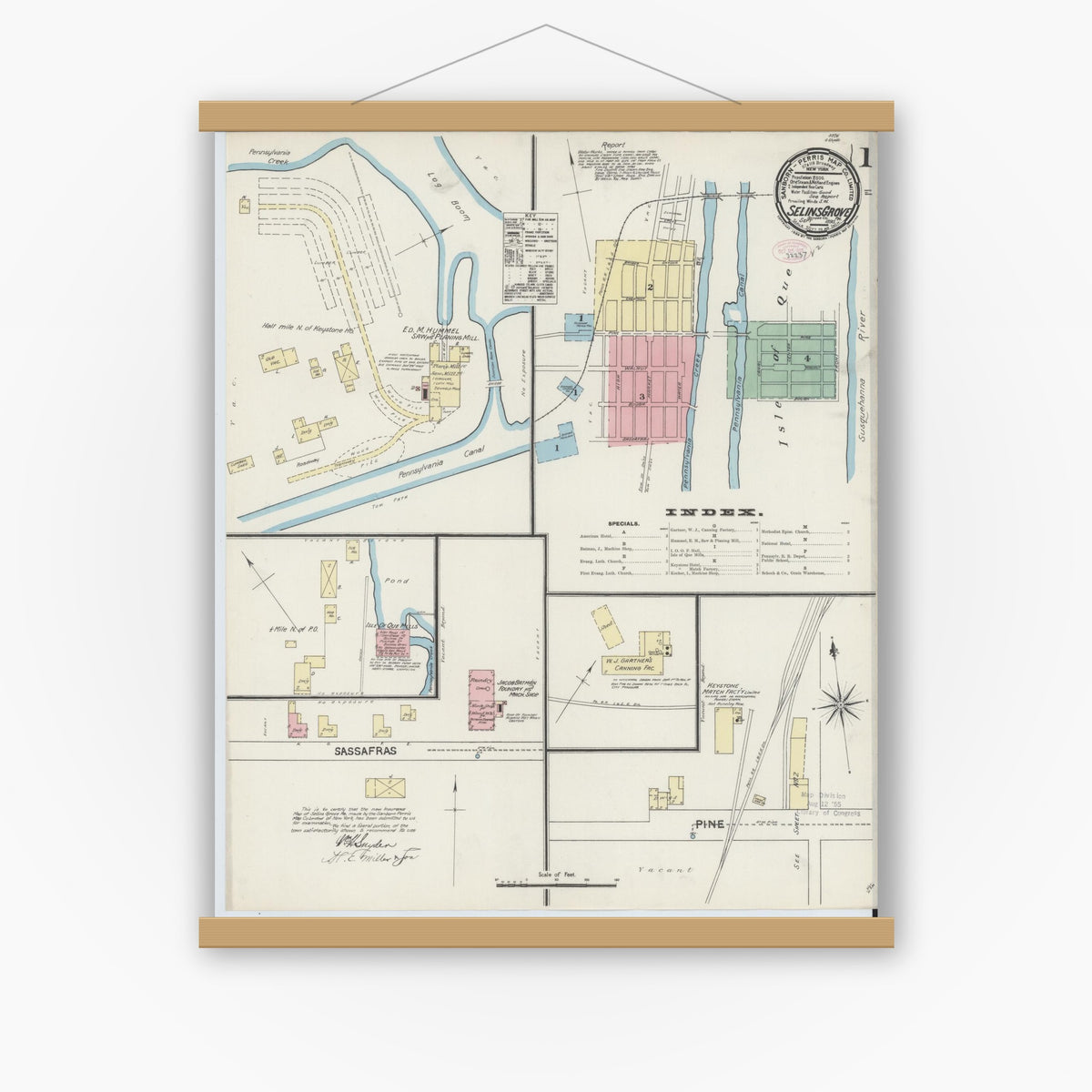 Old map wall art mockup — magnetic wood frame on white wall — Sanborn Fire Insurance Map from Selins Grove, Snyder County, Pennsylvania (1890) - Complete Map Set