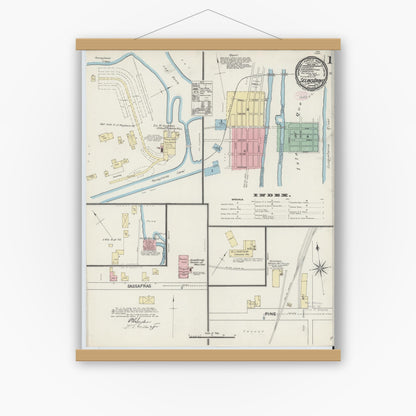 Old map wall art mockup — magnetic wood frame on white wall — Sanborn Fire Insurance Map from Selins Grove, Snyder County, Pennsylvania (1890) - Complete Map Set