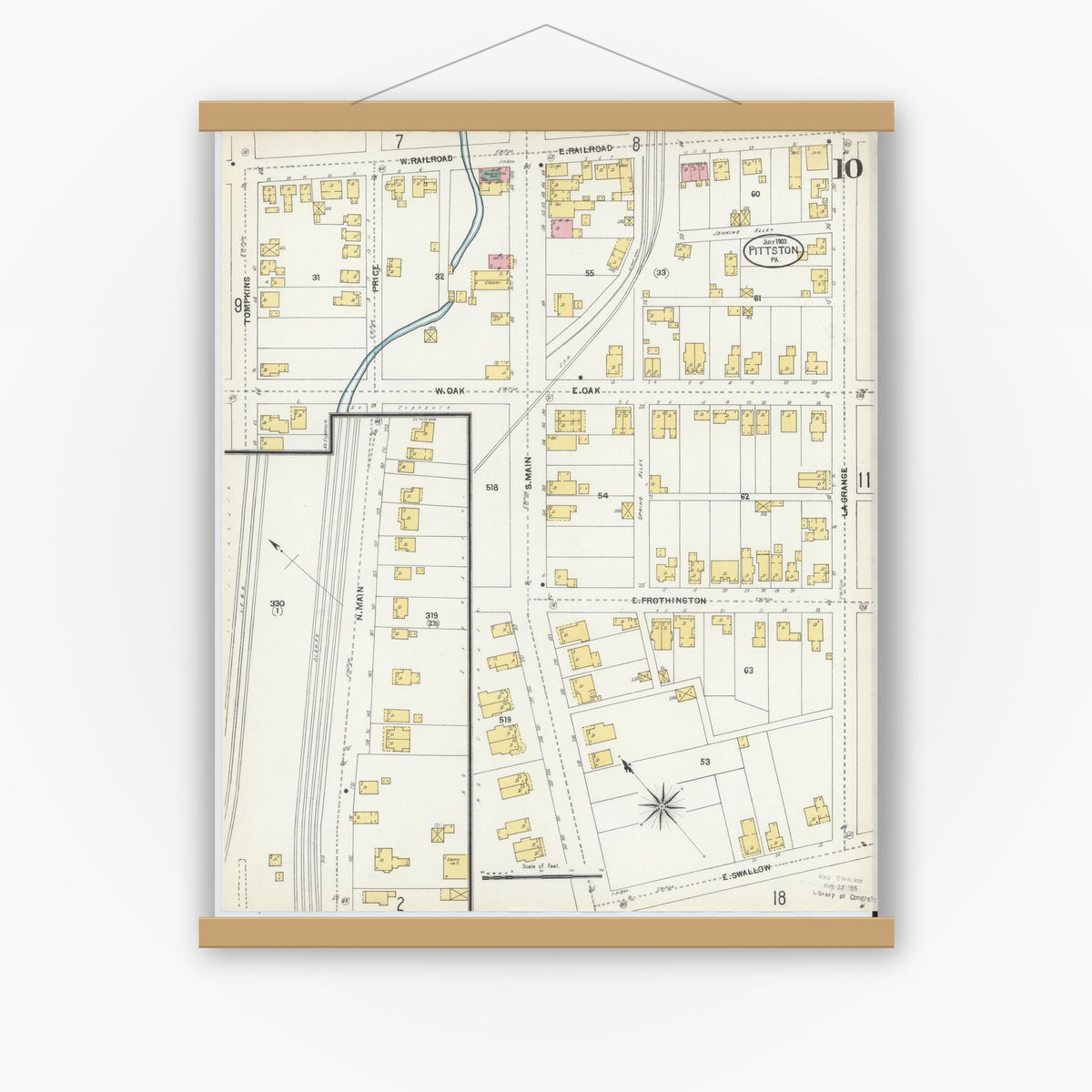 Old map wall art mockup — magnetic wood frame on white wall — Sanborn Fire Insurance Map from Pittston, Luzerne County, Pennsylvania (1903), Sheet #0010