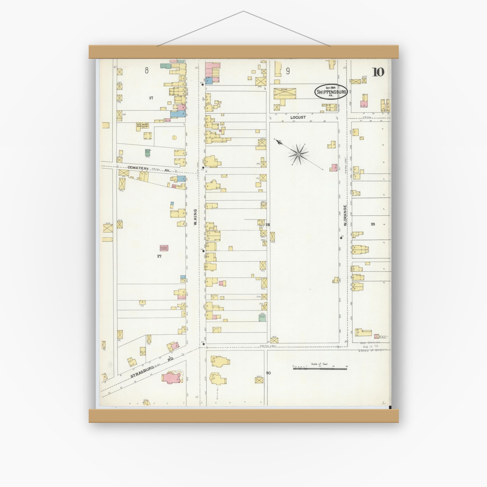 Old map wall art mockup — magnetic wood frame on white wall — Sanborn Fire Insurance Map from Shippensburg, Cumberland And Franklin Counties, Pennsylvania (1904), Sheet #0010