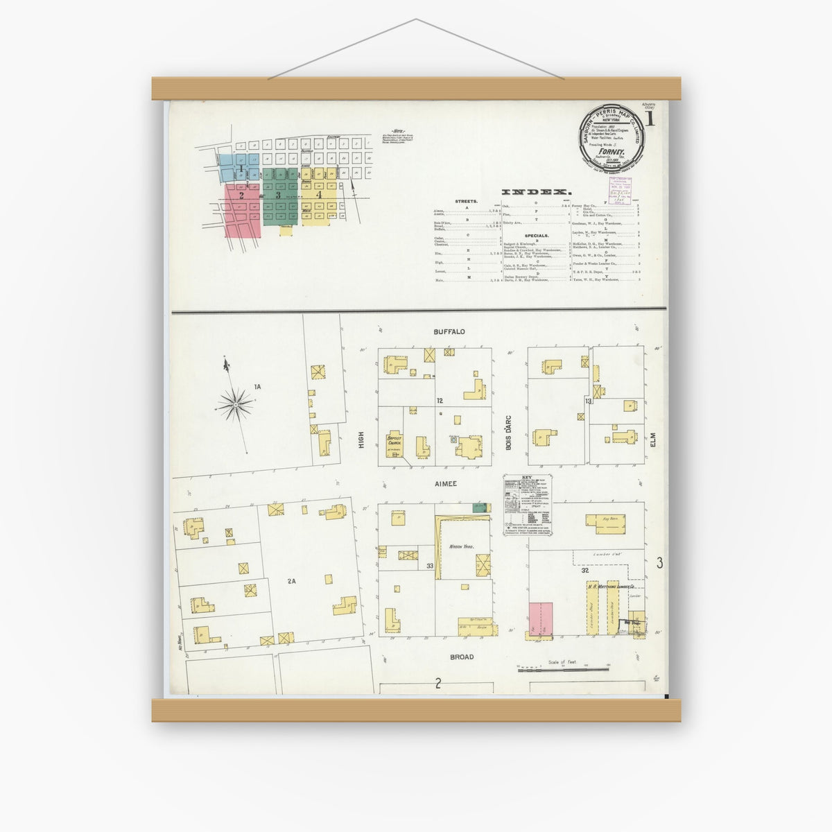 Old map wall art mockup — magnetic wood frame on white wall — Sanborn Fire Insurance Map from Forney, Kaufman County, Texas (1901), Sheet #0001