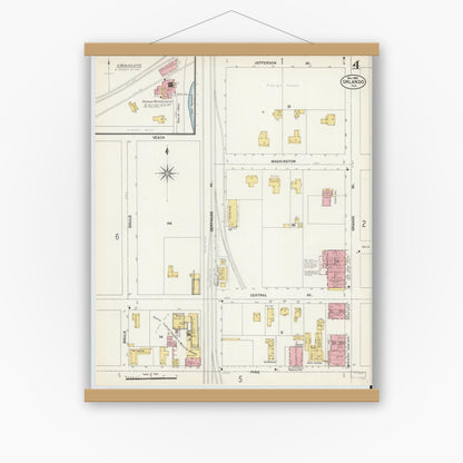 Old map wall art mockup — magnetic wood frame on white wall — Sanborn Fire Insurance Map from Orlando, Orange County, Florida (1903), Sheet #0004