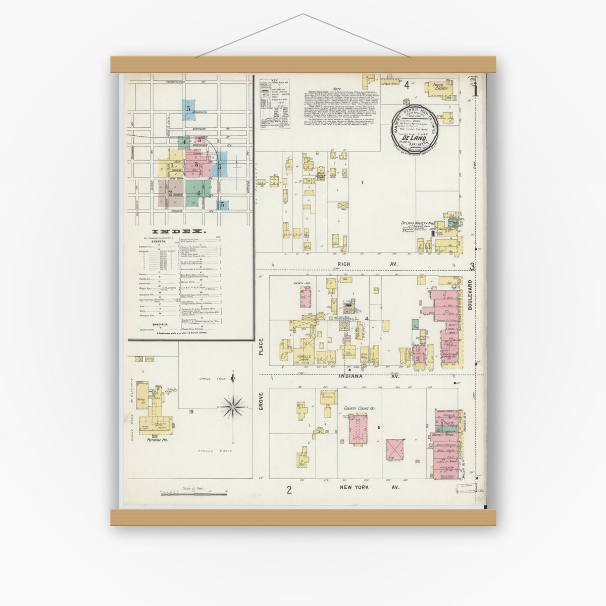 Old map wall art mockup — magnetic wood frame on white wall — Sanborn Fire Insurance Map from De Land, Volusia County, Florida (1897) - Complete Map Set