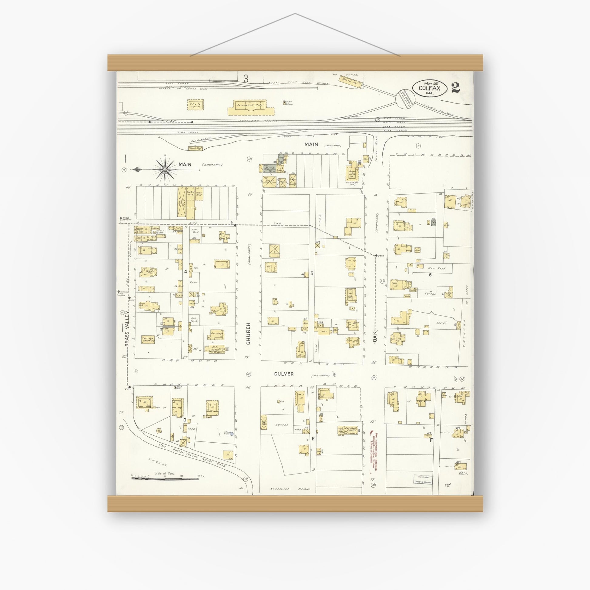 Old map wall art mockup — magnetic wood frame on white wall — Sanborn Fire Insurance Map from Colfax, Placer County, California (1907), Sheet #0002