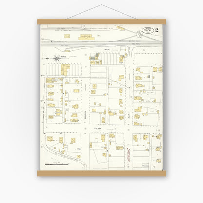 Old map wall art mockup — magnetic wood frame on white wall — Sanborn Fire Insurance Map from Colfax, Placer County, California (1907), Sheet #0002