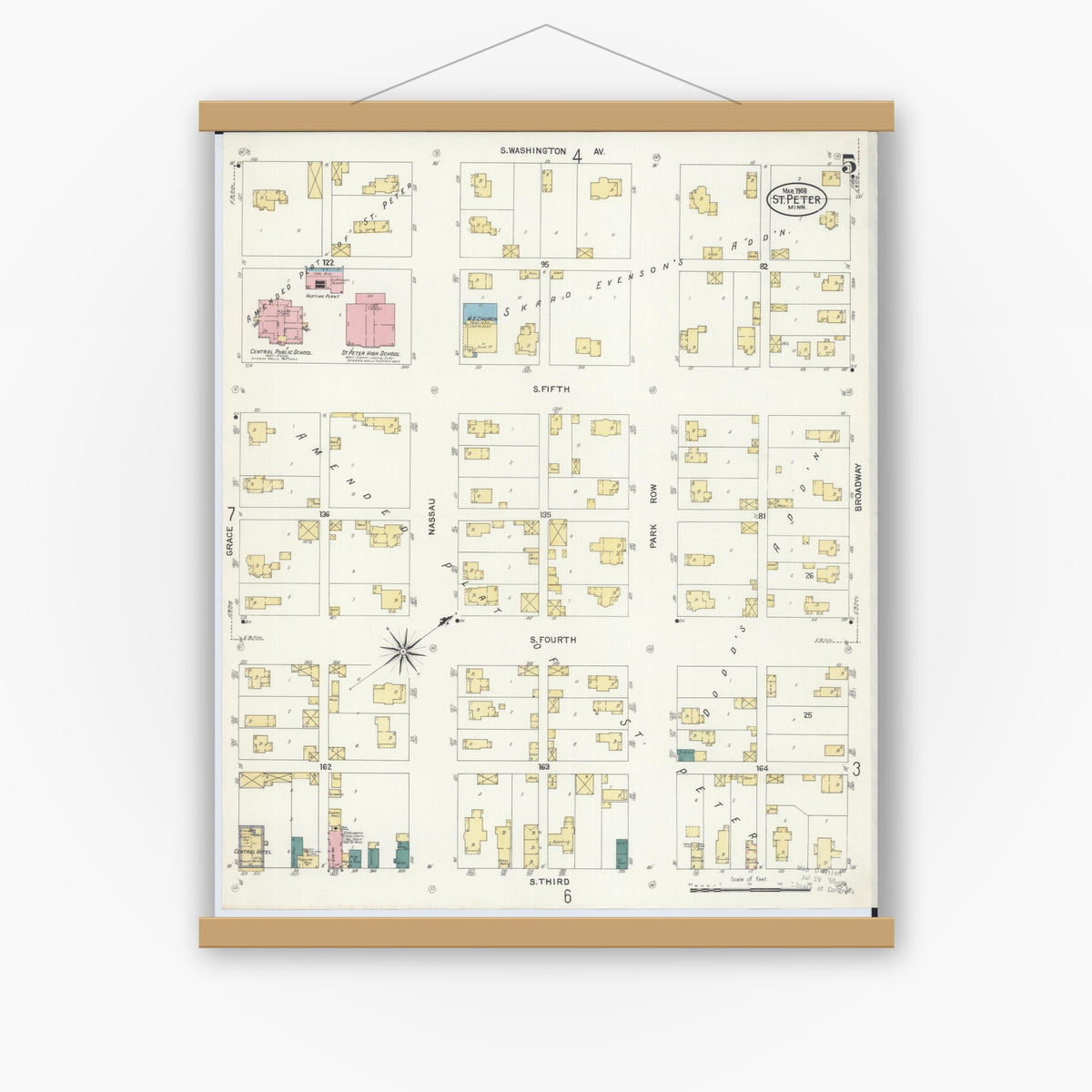 Old map wall art mockup — magnetic wood frame on white wall — Sanborn Fire Insurance Map from Saint Peter, Nicollet County, Minnesota (1908), Sheet #0005