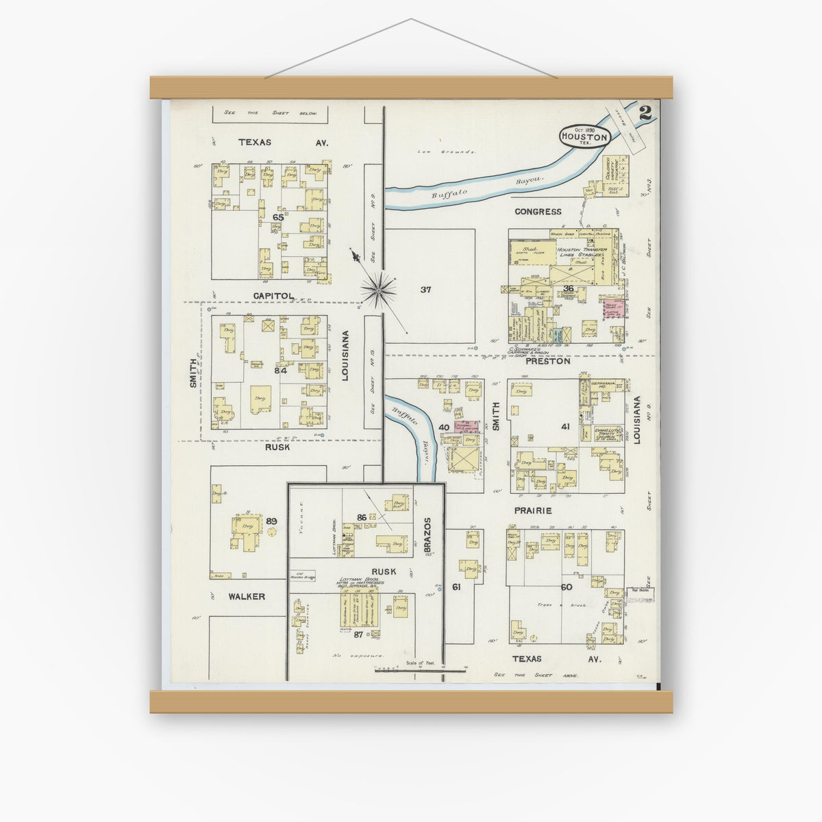 Old map wall art mockup — magnetic wood frame on white wall — Sanborn Fire Insurance Map from Houston, Harris County, Texas (1890), Sheet #0002