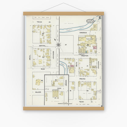 Old map wall art mockup — magnetic wood frame on white wall — Sanborn Fire Insurance Map from Houston, Harris County, Texas (1890), Sheet #0002