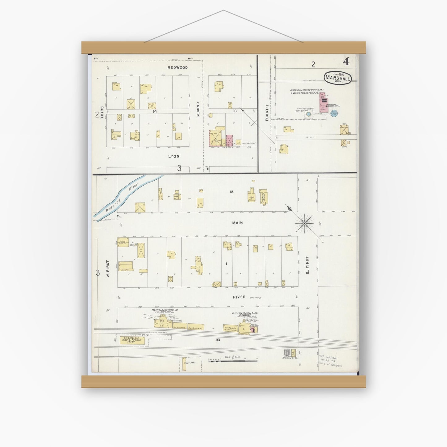 Old map wall art mockup — magnetic wood frame on white wall — Sanborn Fire Insurance Map from Marshall, Lyon County, Minnesota (1896), Sheet #0004