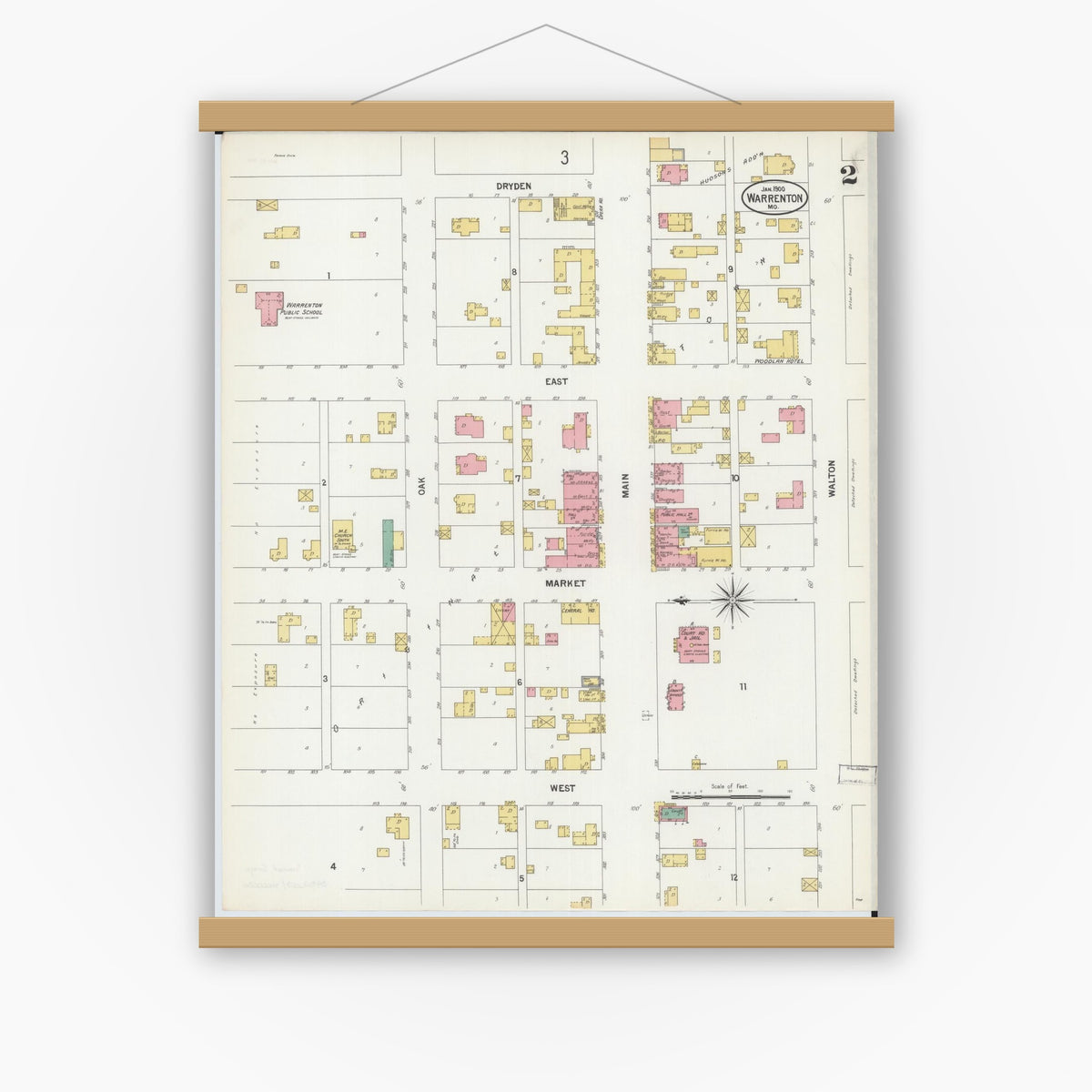 Old map wall art mockup — magnetic wood frame on white wall — Sanborn Fire Insurance Map from Warrenton, Warren County, Missouri (1900), Sheet #0002