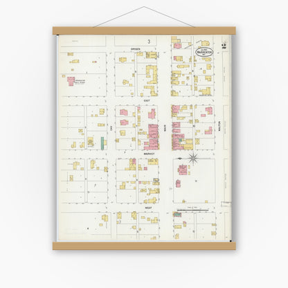 Old map wall art mockup — magnetic wood frame on white wall — Sanborn Fire Insurance Map from Warrenton, Warren County, Missouri (1900), Sheet #0002