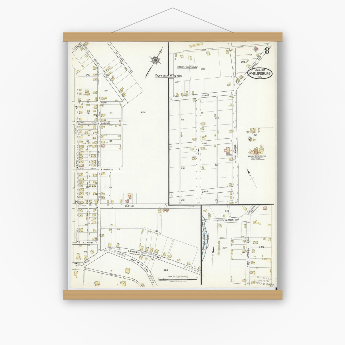 Old map wall art mockup — magnetic wood frame on white wall — Sanborn Fire Insurance Map from Philipsburg, Centre County, Pennsylvania (1917), Sheet #0008