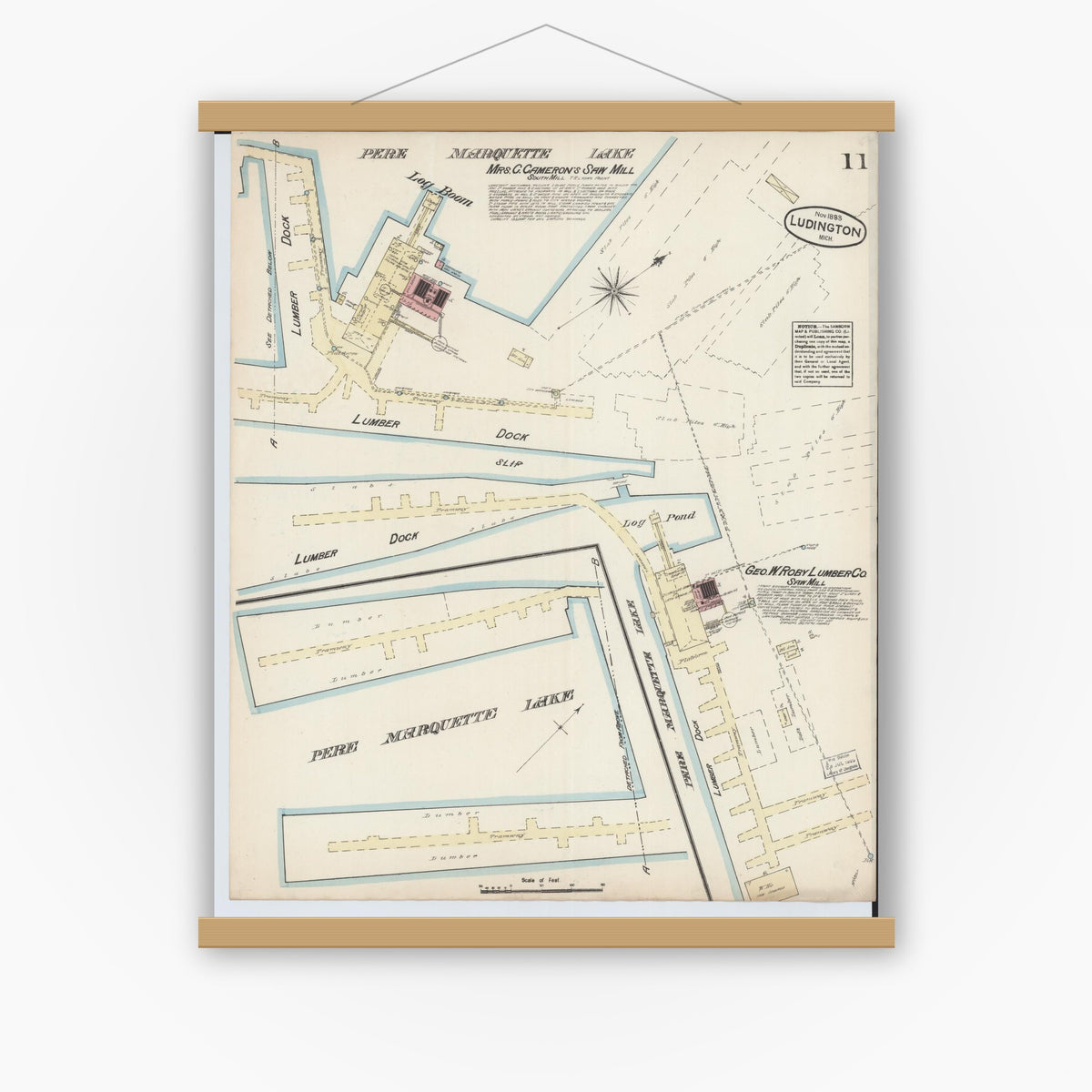 Old map wall art mockup — magnetic wood frame on white wall — Sanborn Fire Insurance Map from Ludington, Mason County, Michigan (1883), Sheet #0011