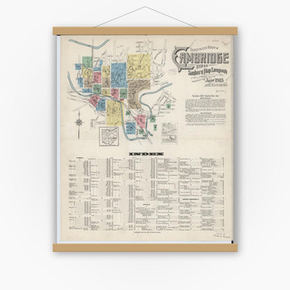Old map wall art mockup — magnetic wood frame on white wall — Sanborn Fire Insurance Map from Cambridge, Guernsey County, Ohio (1915), Sheet #0001