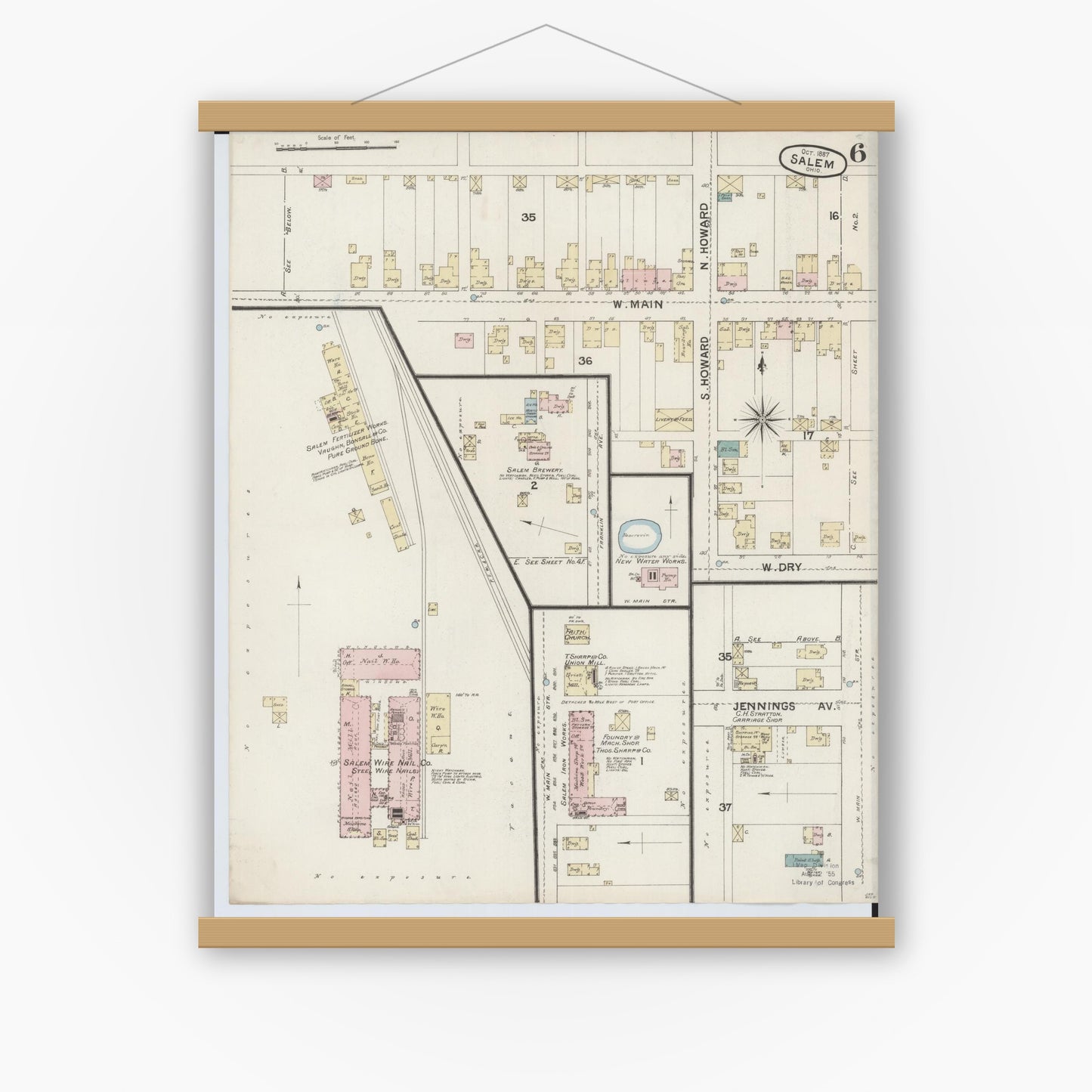 Old map wall art mockup — magnetic wood frame on white wall — Sanborn Fire Insurance Map from Salem, Columbiana County, Ohio (1887), Sheet #0006