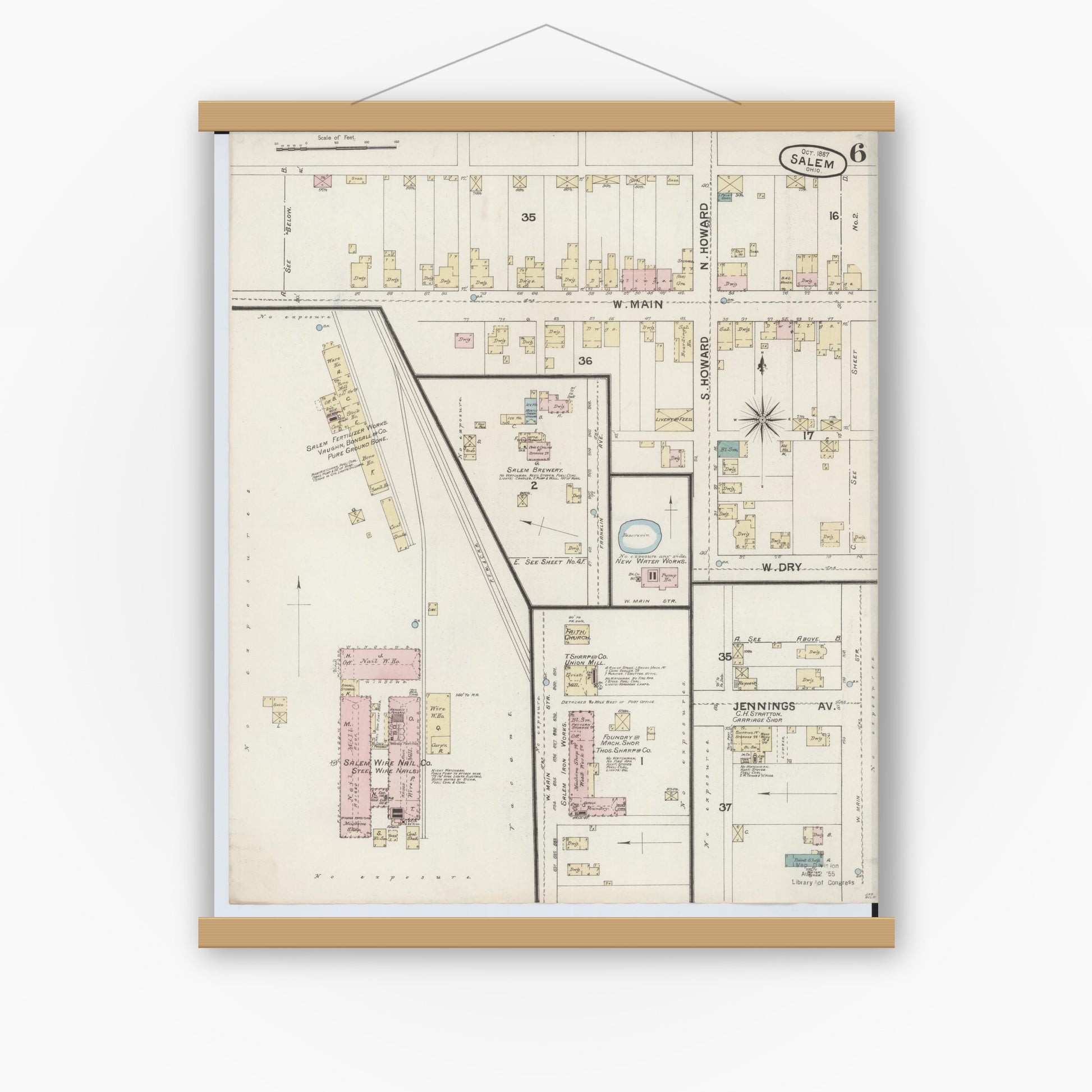 Old map wall art mockup — magnetic wood frame on white wall — Sanborn Fire Insurance Map from Salem, Columbiana County, Ohio (1887), Sheet #0006