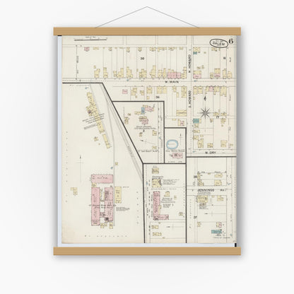 Old map wall art mockup — magnetic wood frame on white wall — Sanborn Fire Insurance Map from Salem, Columbiana County, Ohio (1887), Sheet #0006