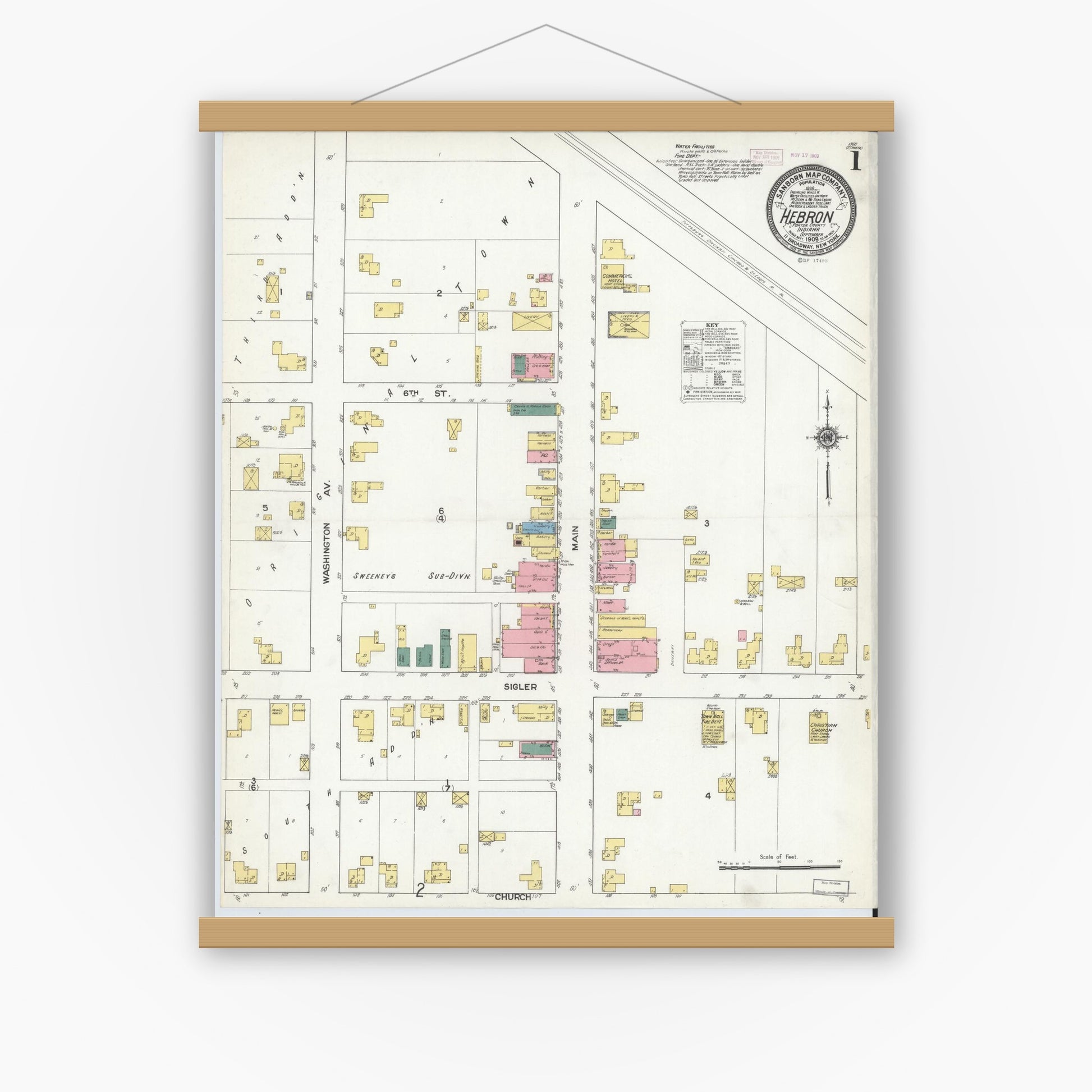 Old map wall art mockup — magnetic wood frame on white wall — Sanborn Fire Insurance Map from Hebron, Porter County, Indiana (1909), Sheet #0001