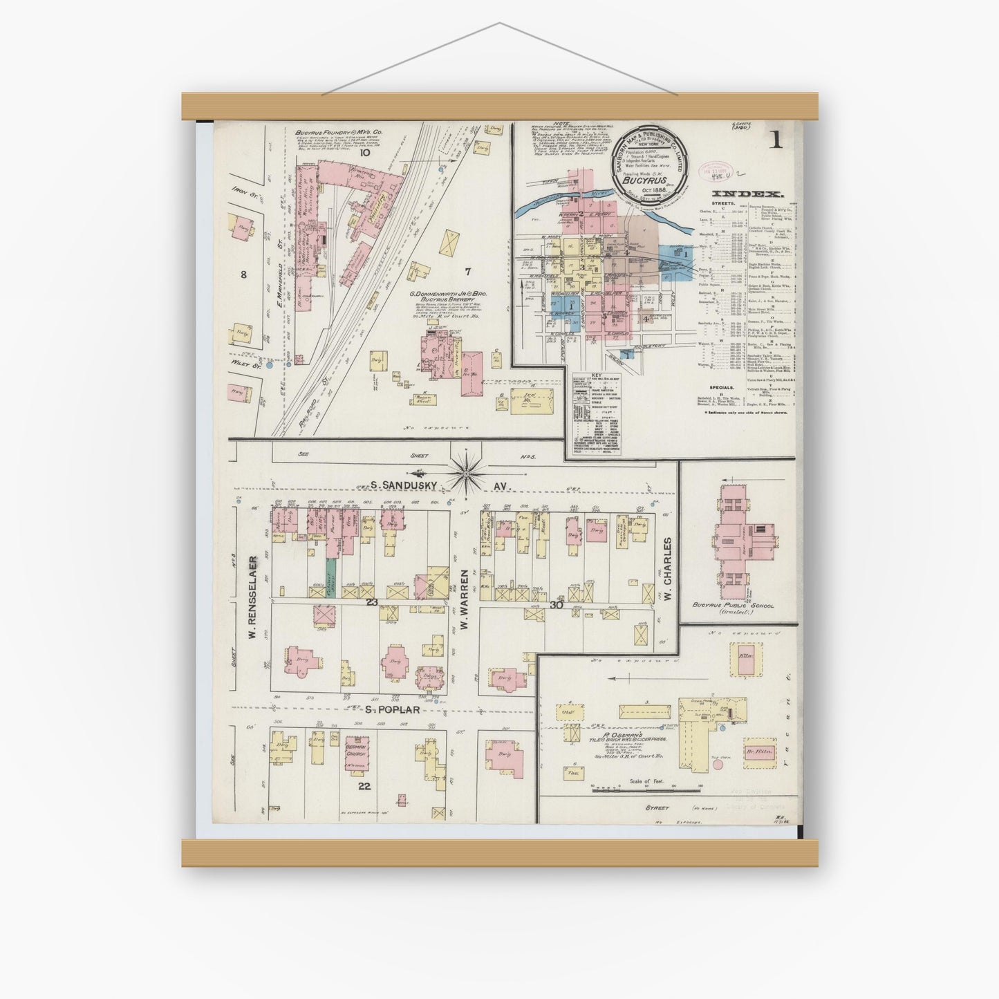 Old map wall art mockup — magnetic wood frame on white wall — Sanborn Fire Insurance Map from Bucyrus, Crawford County, Ohio (1888), Sheet #0001