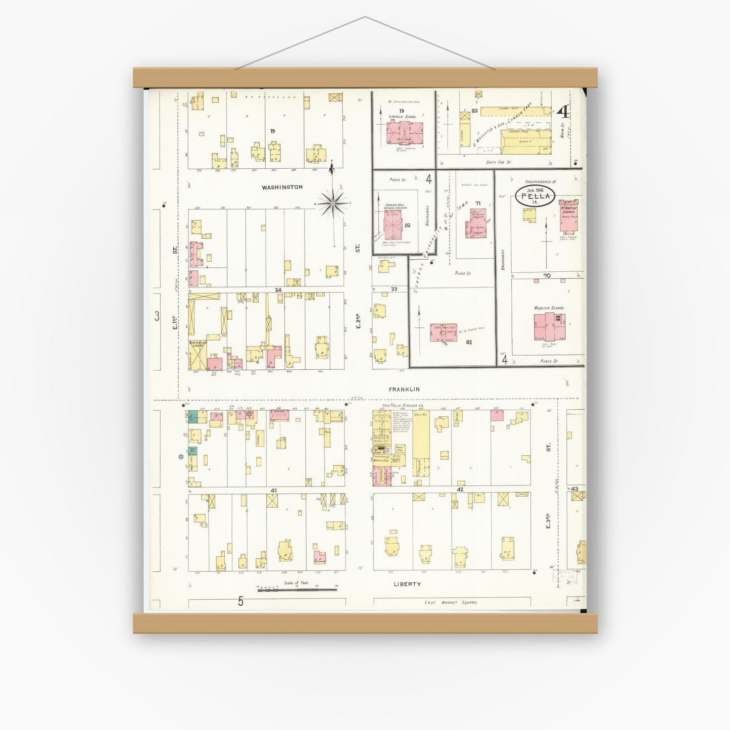 Old map wall art mockup — magnetic wood frame on white wall — Sanborn Fire Insurance Map from Pella, Marion County, Iowa (1906), Sheet #0004