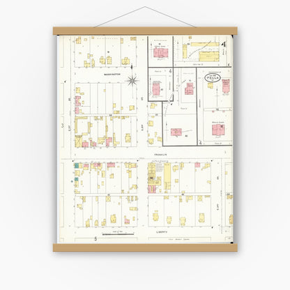 Old map wall art mockup — magnetic wood frame on white wall — Sanborn Fire Insurance Map from Pella, Marion County, Iowa (1906), Sheet #0004