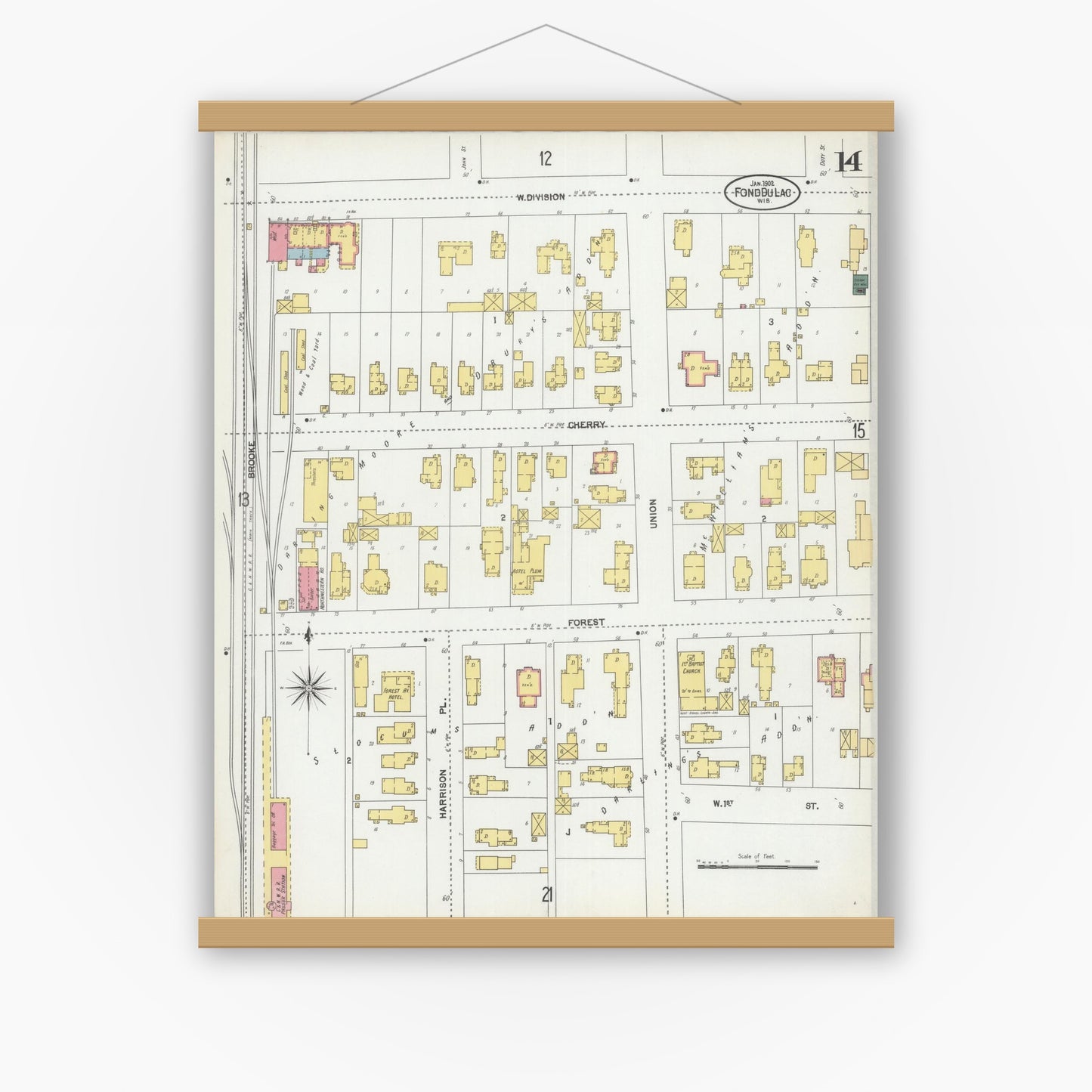 Old map wall art mockup — magnetic wood frame on white wall — Sanborn Fire Insurance Map from Fond du Lac, Fond du Lac County, Wisconsin (1902), Sheet #0014